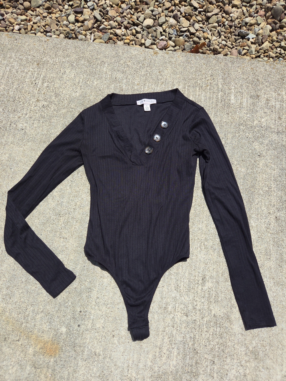 Eye Candy Button Down Black Long-Sleeve Ribbed One-Piece Bodysuit Small